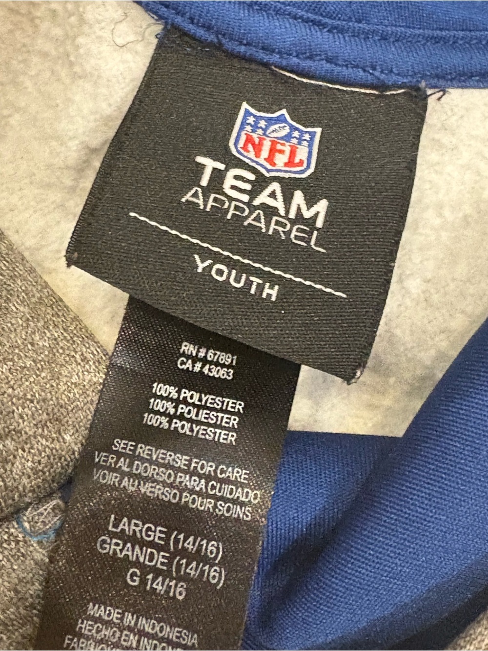 NFL Youth Gray Indianapolis Colts Hoodie Sweatshirt Horseshoe 14/16 large - Picture 2 of 2